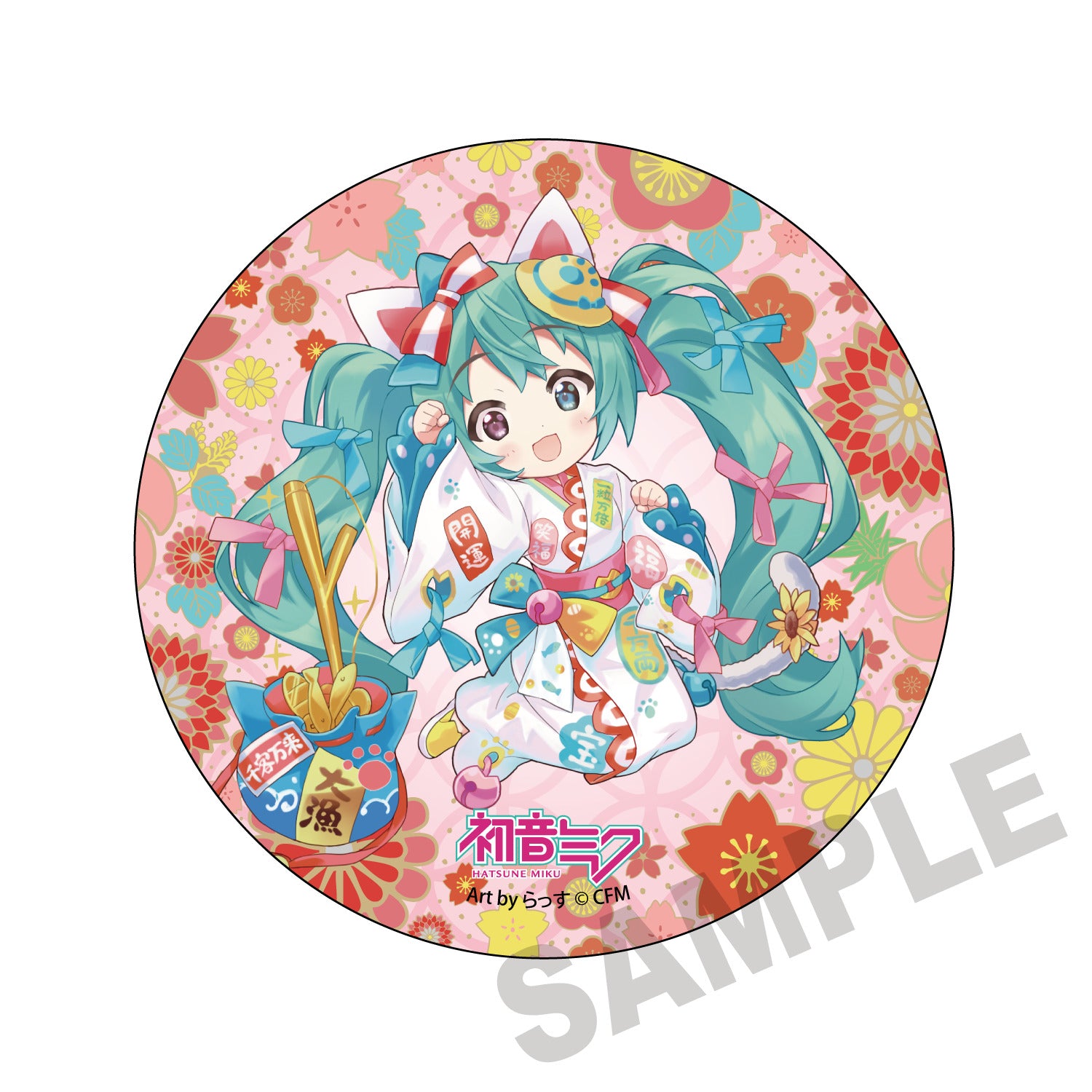 (Goods - Badge) Hatsune Miku x Lucky Cat Mega Tin Badge Stand Hatsune Miku White Cat Art by Rassu