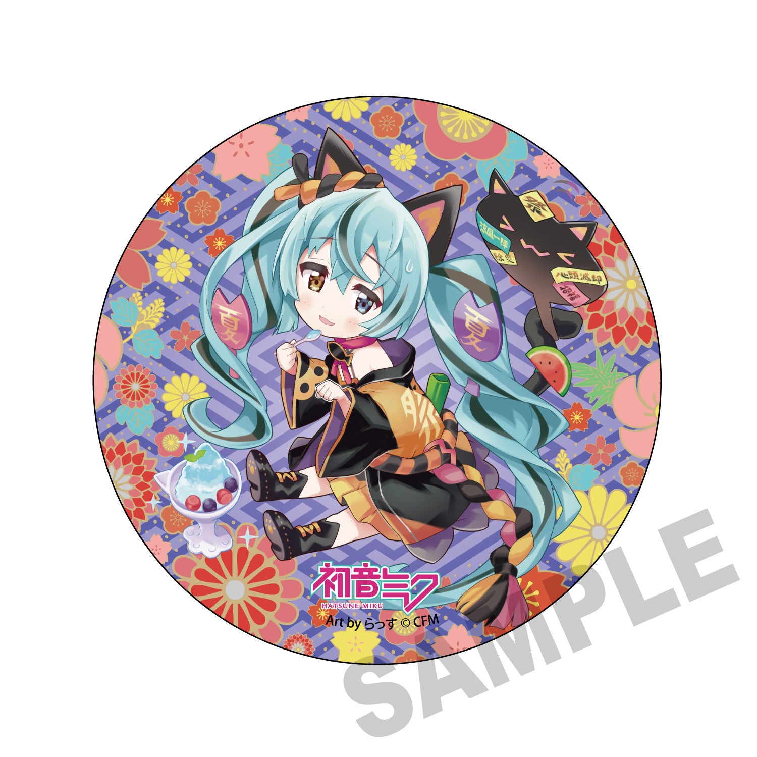(Goods - Badge) Hatsune Miku x Lucky Cat Mega Tin Badge Stand Hatsune Miku Black Cat Art by Rassu