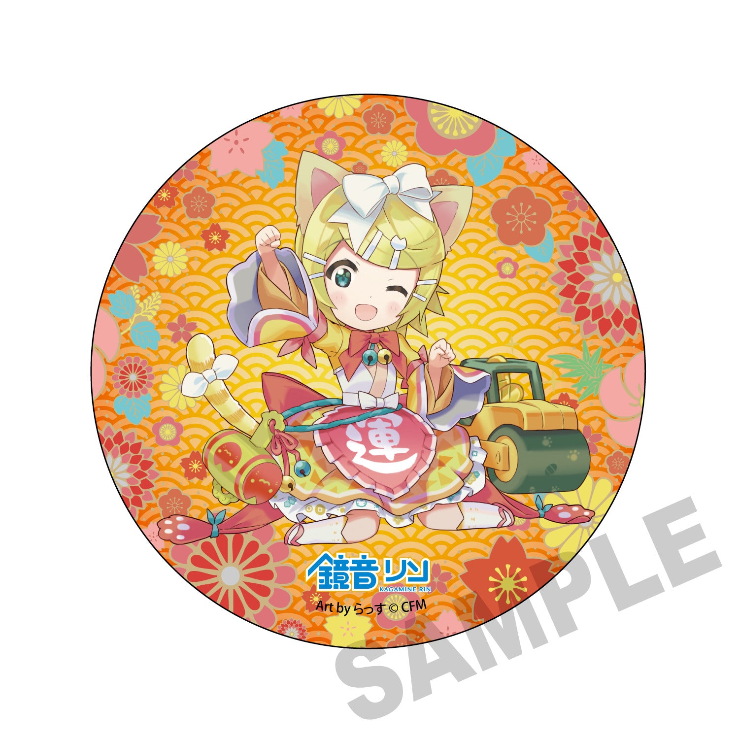 (Goods - Badge) Hatsune Miku x Lucky Cat Mega Tin Badge Stand Kagamine Rin Art by Rassu