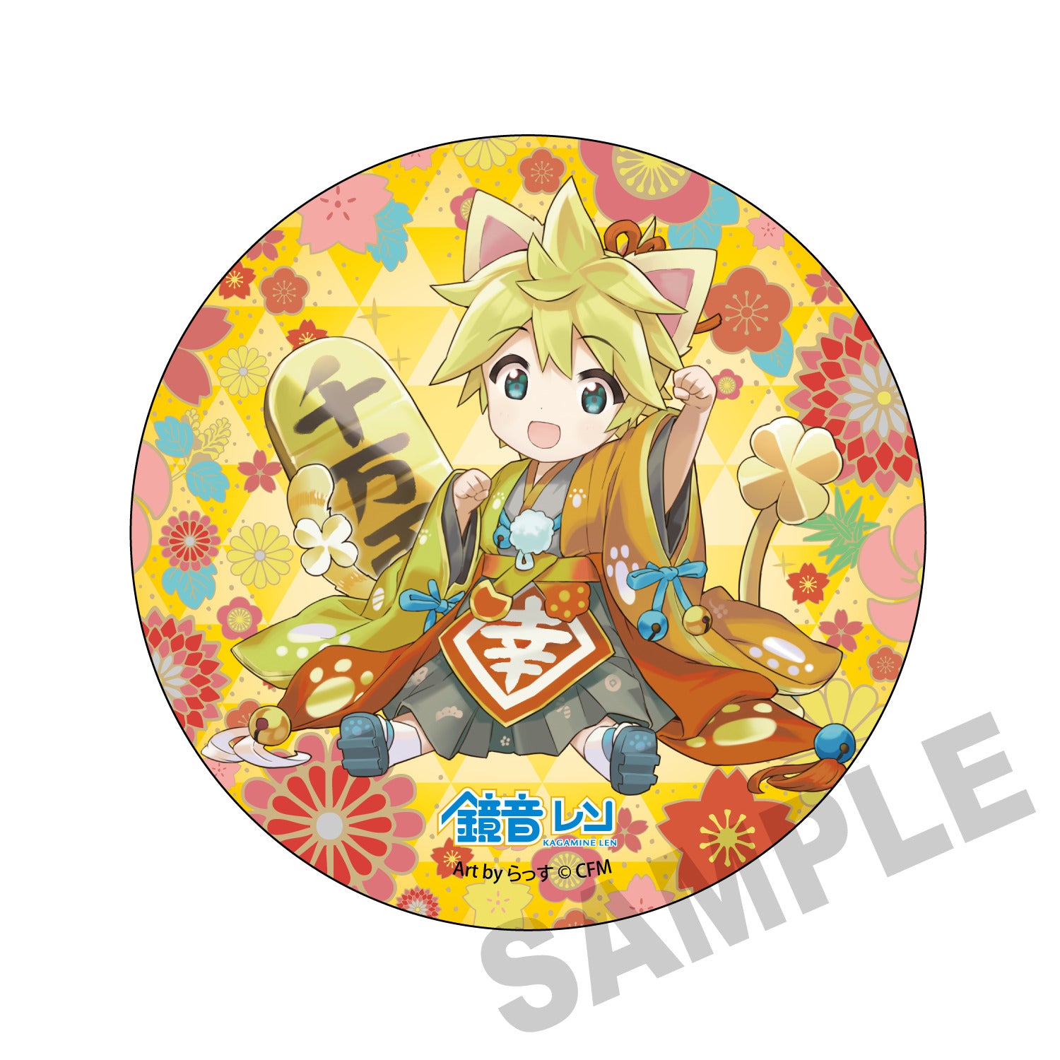 (Goods - Badge) Hatsune Miku x Lucky Cat Mega Tin Badge Stand Kagamine Len Art by Rassu