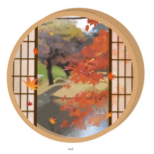 (Goods - Key Chain Cover) Round Character Frame 03 - Tradition Japanese Window (Autumn Leaves)
