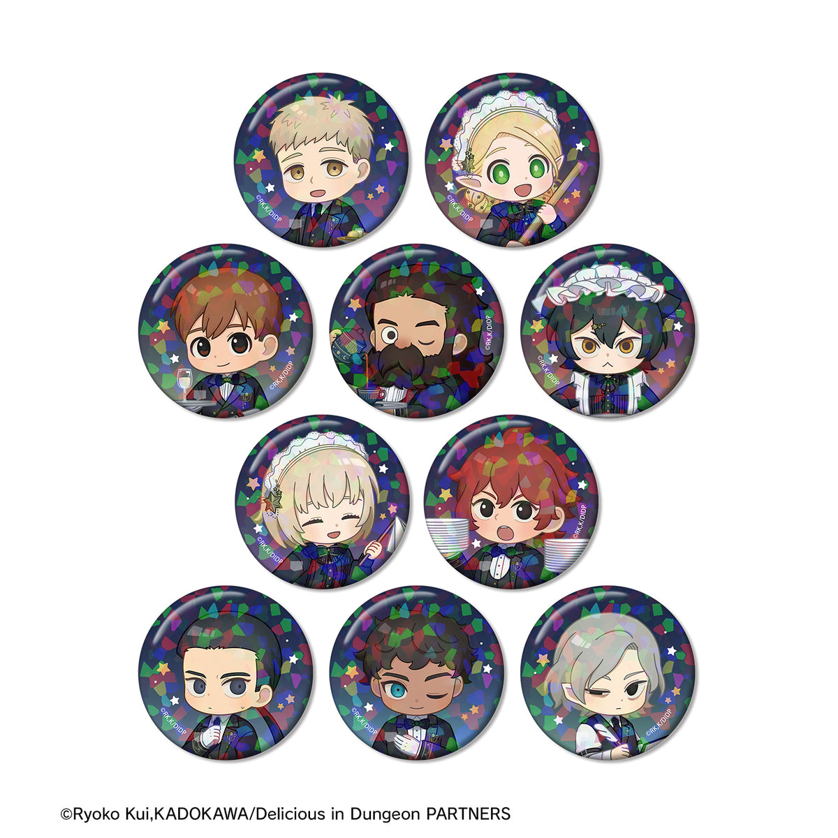 (1BOX=10)(Goods - Badge) Delicious in Dungeon Trading Chibi Starry Sky Maid, Butler ver. Holographic Button Badge