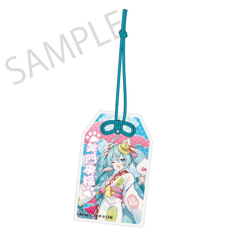 (Goods - Keychain) Hatsune Miku x Lucky Cat x Midsummer Kumagaya Omamori Charm-style Acrylic Tag Hatsune Miku White Cat Art by Icomochi
