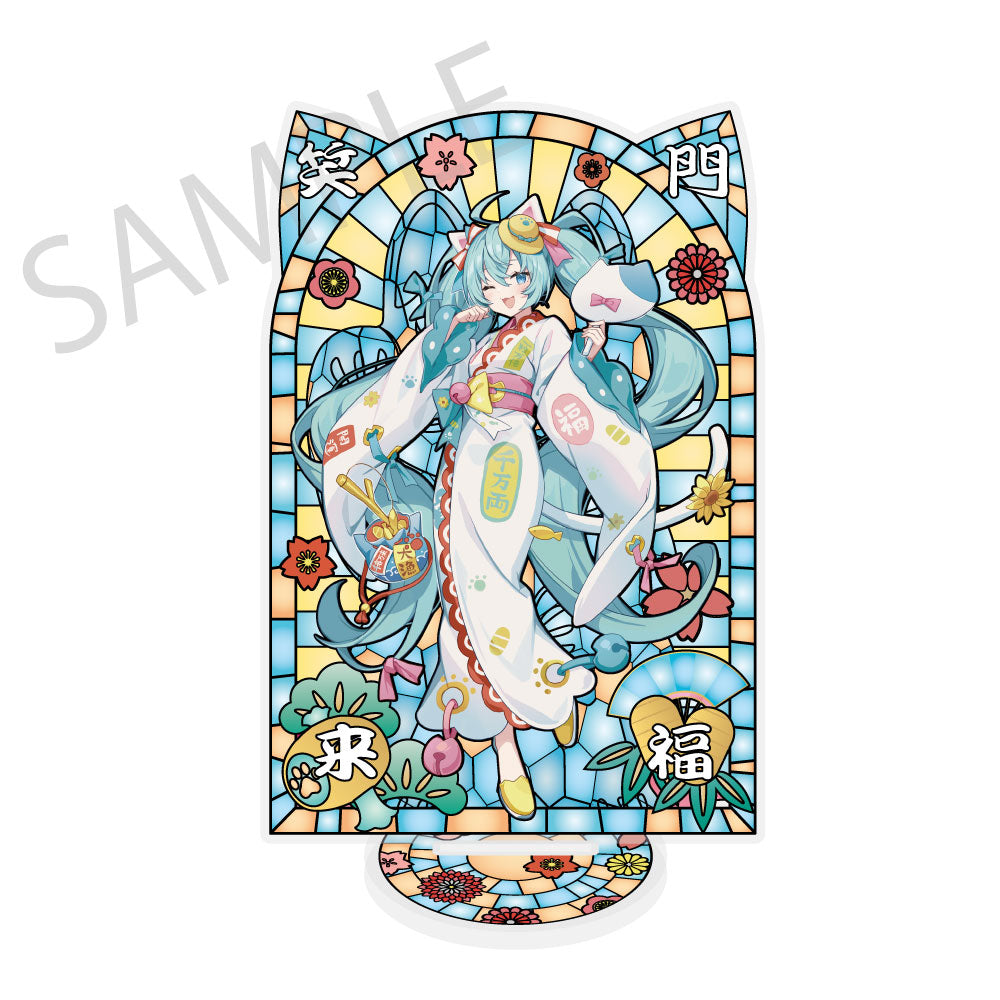(Goods - Acrylic Stand) Hatsune Miku x Lucky Cat x Midsummer Kumagaya Stained Glass-Style Finish Acrylic Stand Hatsune Miku White Cat Art by Icomochi