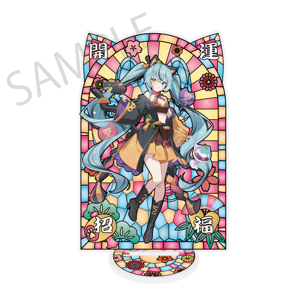 (Goods - Acrylic Stand) Hatsune Miku x Lucky Cat x Midsummer Kumagaya Stained Glass-Style Finish Acrylic Stand Hatsune Miku Black Cat Art by Icomochi