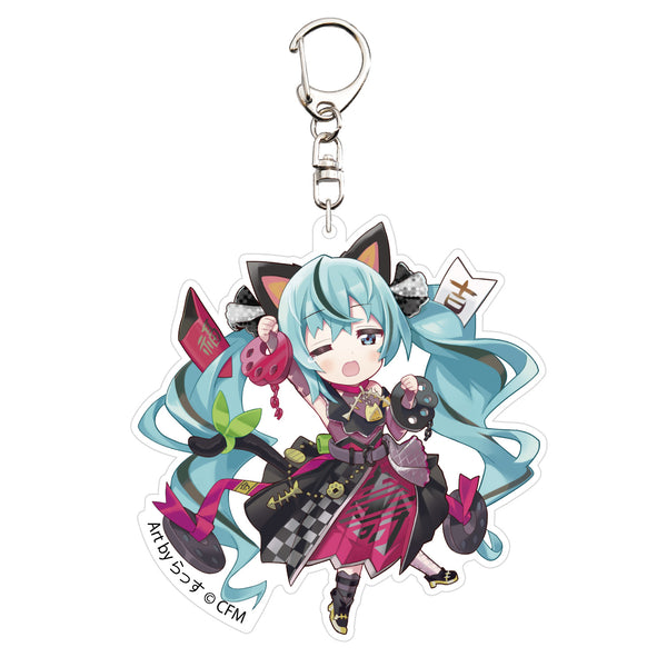 (Goods - Key Chain) Hatsune Miku x Lucky Cat Acrylic Keychain Art by Rassu Black Cat Standing with Raised Right Hand